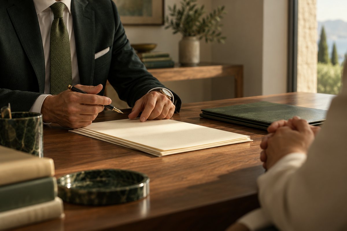 A lawyer meeting a client across a wooden desk