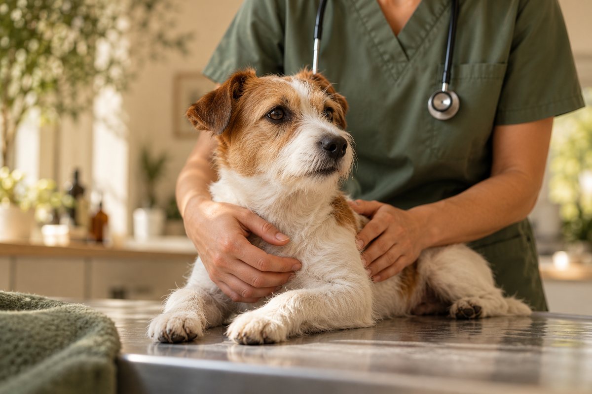 A vet caring for a small terrier