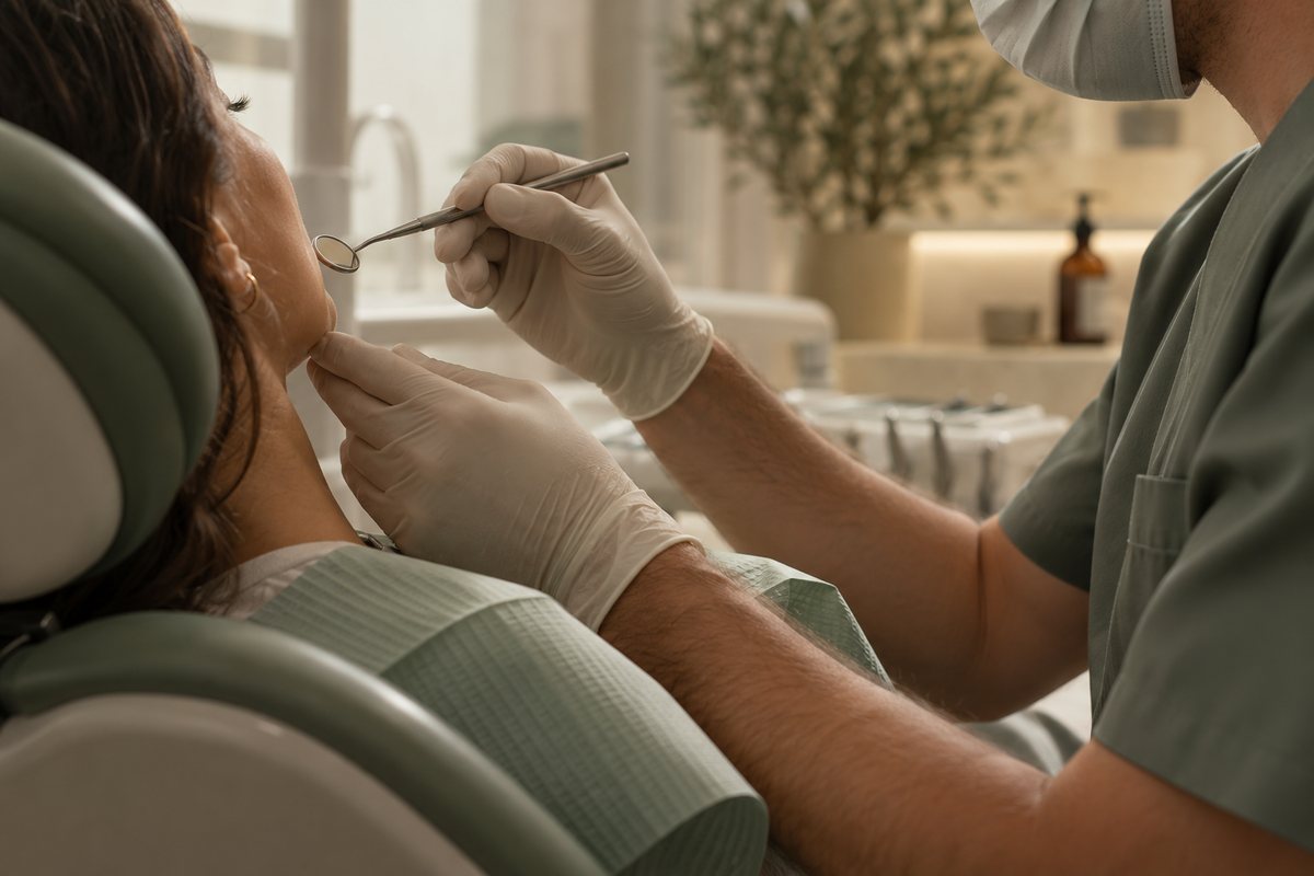 A dentist gently examining a patient